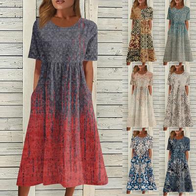 Damen-Freizeitkleider, bedruckte Kleider, Sommerkleider, bedruckt, plissiert, Rundhals-Midi-Kleider, Basic, klassisch, Outdoor, täglich, kurzärmelig, lockere Kleider
