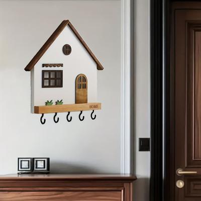 Creative Wooden Wall Mount Key Holder House Shape 5-Hook Design Decorative Hooks Rustic Multi-Purpose Key Rack Bedroom Use