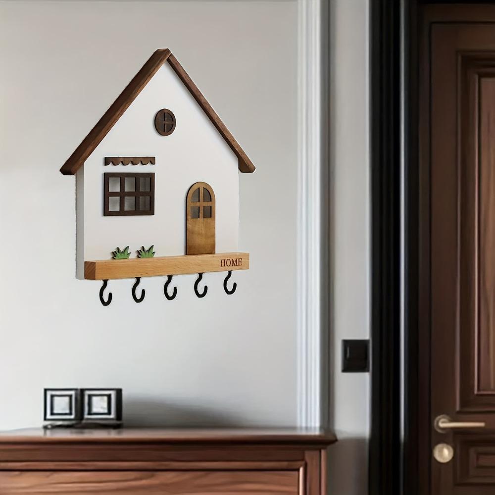 Art Design Wooden Wall Mount Key Holder House Shape Multi-Purpose Decorative Hooks Rustic 5-Hook Design Key Holder Entryway