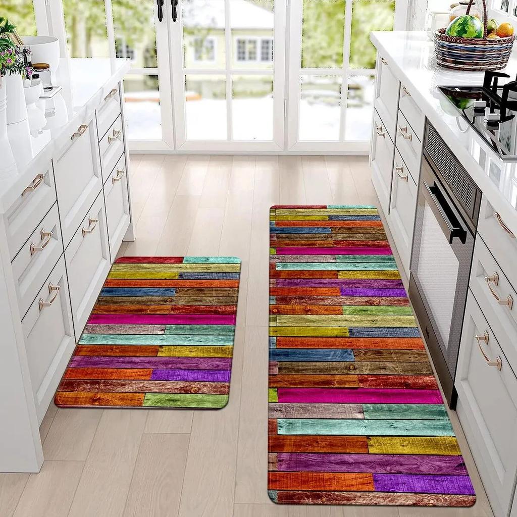 New Rainbow Wood Paneled Kitchen Floor Mats, Laundry Room Non-Slip Area Rugs for Bathroom, Entry Door, Home Decor Carpet