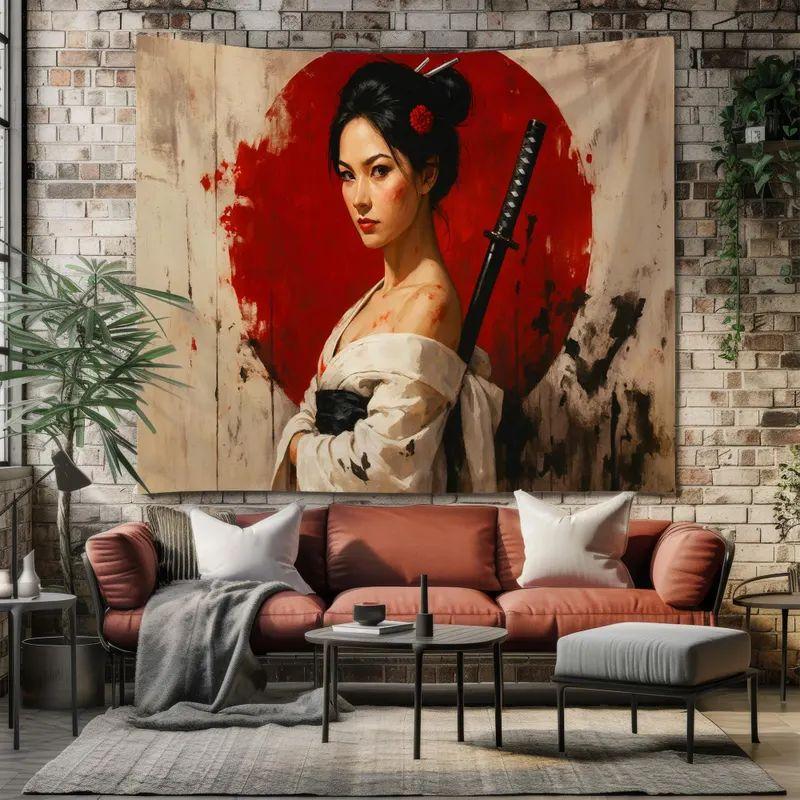 Tapestry Geisha Samurai Japanese Warrior 75x100