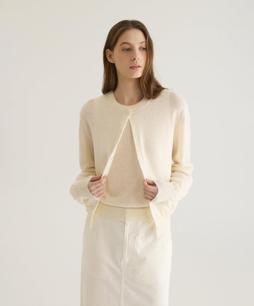 Oatmeal Cafe Linen Round Neck Cardigan - Ivory