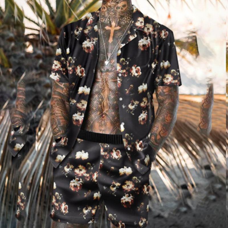 Modisches Sommer Herren Hawaiianischer Druck Lässig Streetwear Knopf Kurzarm und Badeshorts Zweiteiliges Set