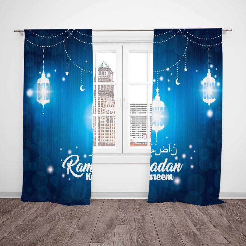 Dark Blue Ramadan Theme Printed Curtain Polyester Material Suitable Bedroom Living Room Study Curtains Set Of 2 Made Area Decor