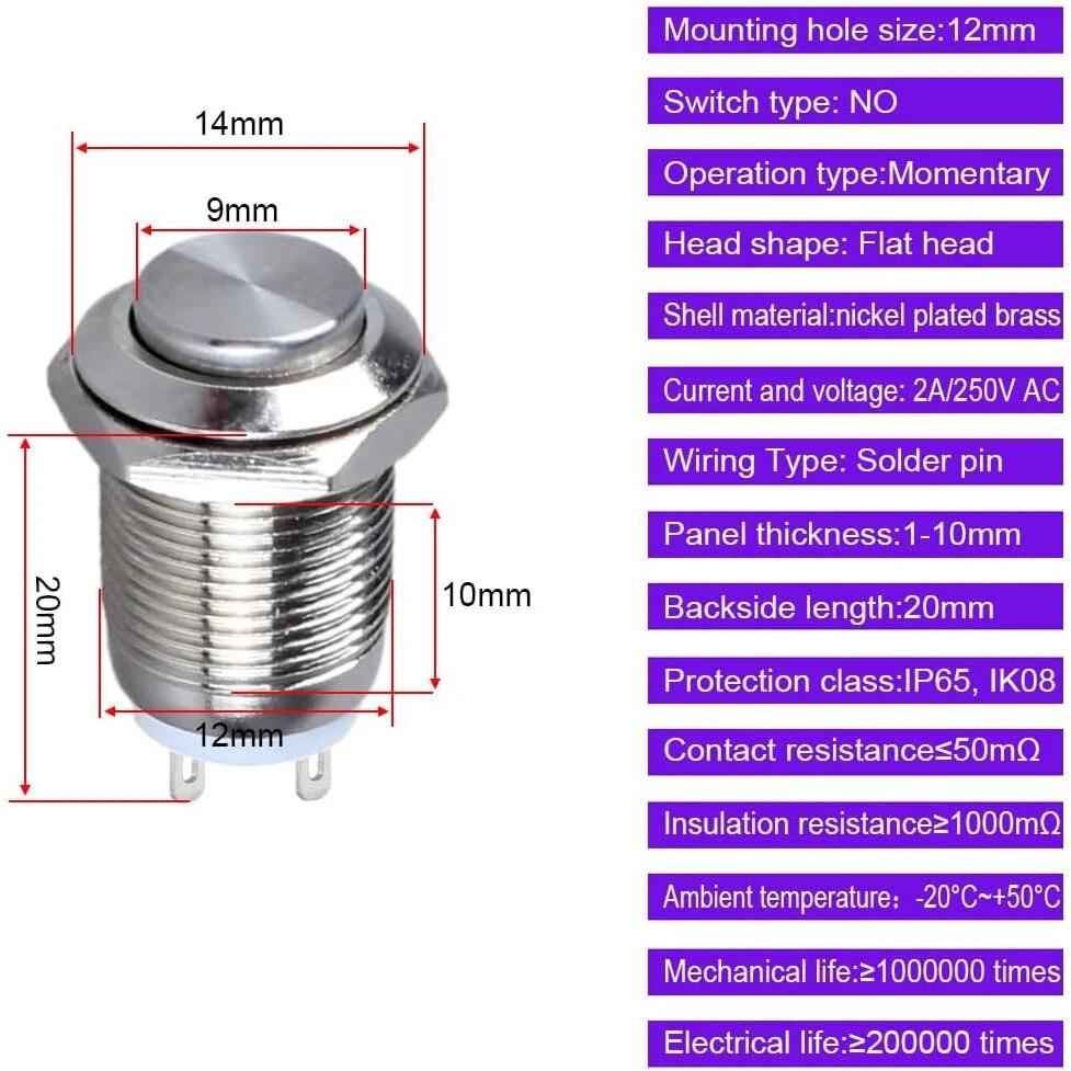 6 peças 12mm interruptor de botão momentâneo 12V à prova d'água botão de pressão pequeno redondo cromado metal inoxidável 2 pinos N/O