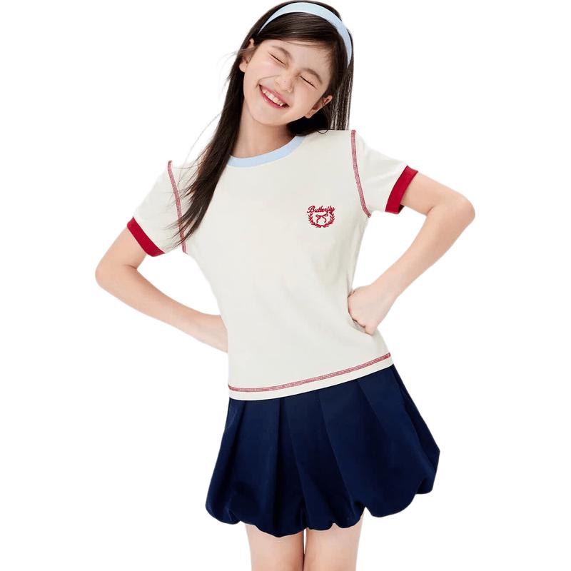 Girls' Color-Block Embroidered Short Sleeve T-Shirt