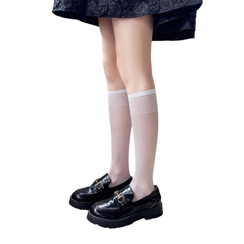 Solid Color Sheer Over the Calf Long Socks for Women Japanese Style Student Summer Ultra Thin Silk Knee Length Stockings белый