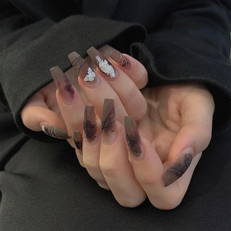 24Pcs Handmade Short Round Coffin Press On Nails Ocean Star Moon Blue Gradient Fake Nails With Glue