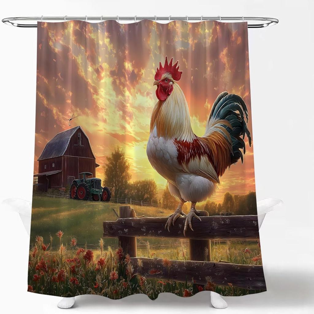 Rustic Chicken Shower Curtain Farmhouse Rooster Retro Wooden Fence Sunset Sunrise Wood Barn House Vintage Country Farm Animal Fabric Curtain with