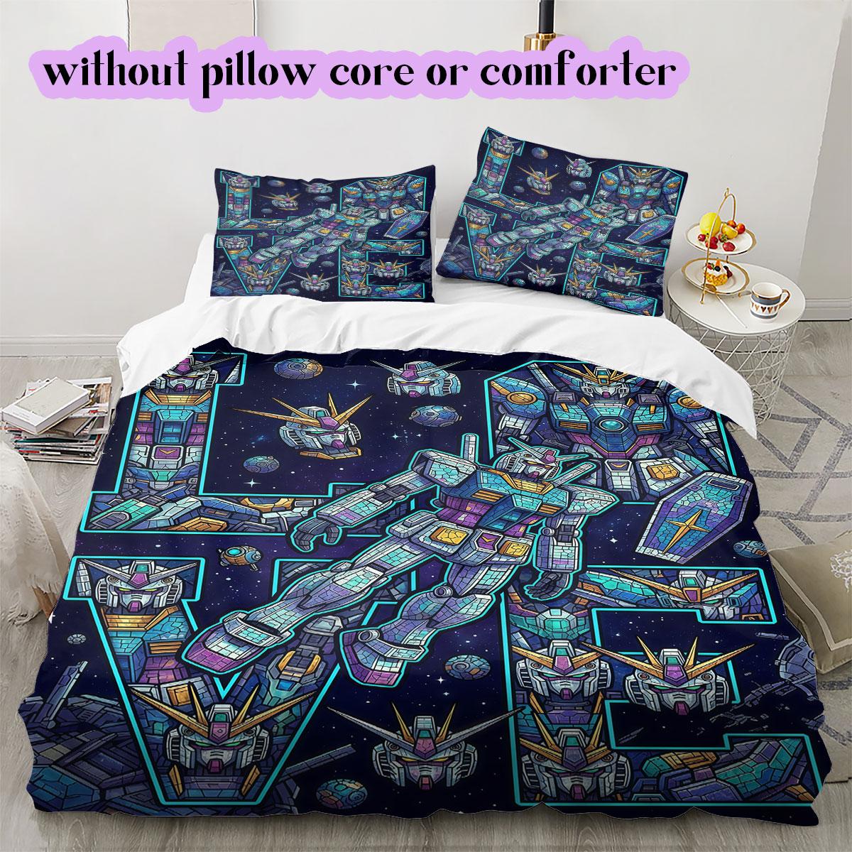 Gundam Vibrant Anime Duvet Cover,3 Piece Cartoon Bedding Set,Printed Character Comforter Cover for Cool Bedroom_LIAN 135x200cm