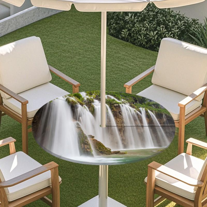 Outdoor Round Table Cover With Nature Print Waterproof Elastic Hem Patio Garden Deck