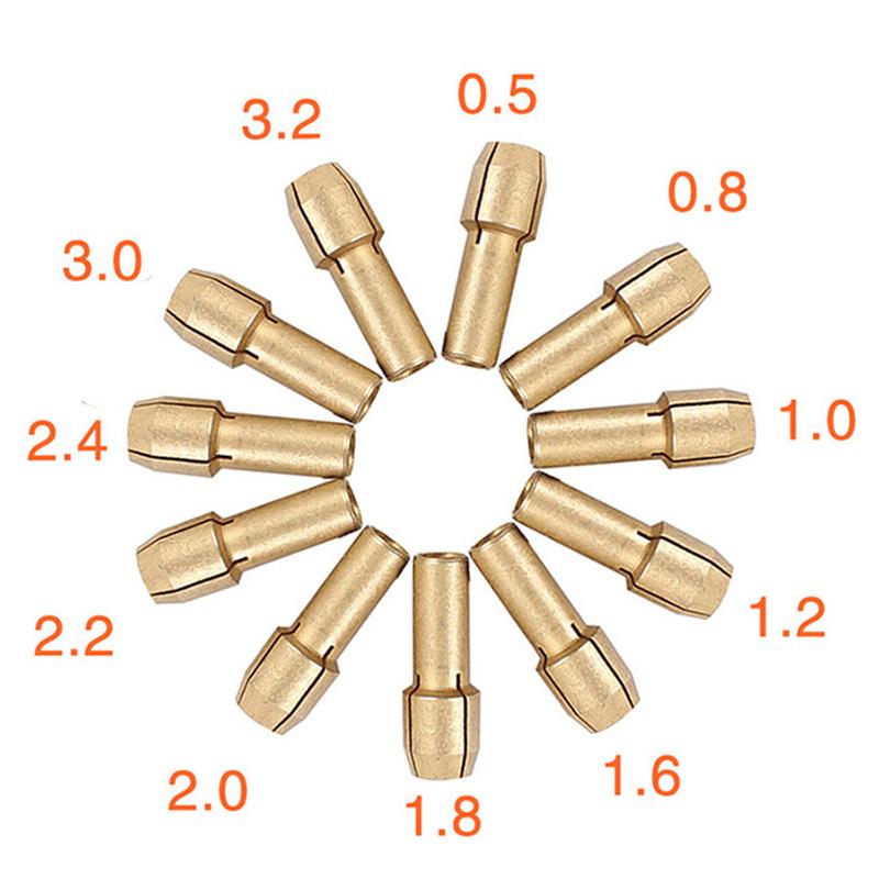 10-11pcs/batch Mini Drill Brass Collet Collet for Rotary Tools 0.5-3.2mm Brass and Nut for Accessory Set