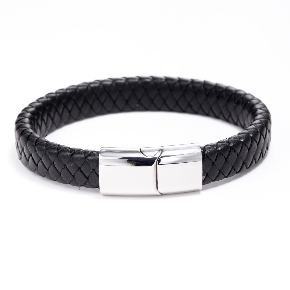 Punk Custom Text Logo Braided Leather Bracelet Gold Color Magnetic buckle Stainless Steel Bracelets For Women Men ID Bracelet