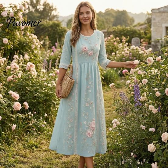 Fashionable Vacation Dresses for Ladies Long Sleeve Floral Dress, Women Cottagecore Waist Cinching Casual Autumn with Sleeves Midi Dress Street Party