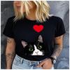 Unisex 100% Polyester Cute Black White Heart Cat Print Loose round Neck Casual Short Sleeve T-Shirt Fashion Summer Top
