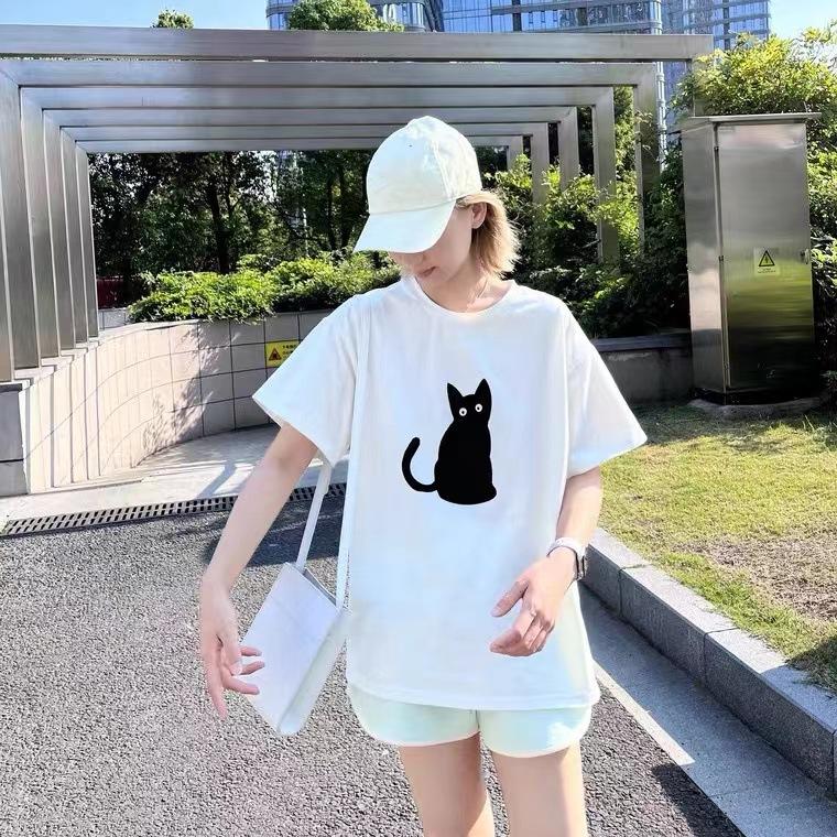 

2025 New Black Cat Series, Two Patterns Loose Boyfriend Short Sleeve T-Shirt Women s Crew Neck Versatile White Top XXXL