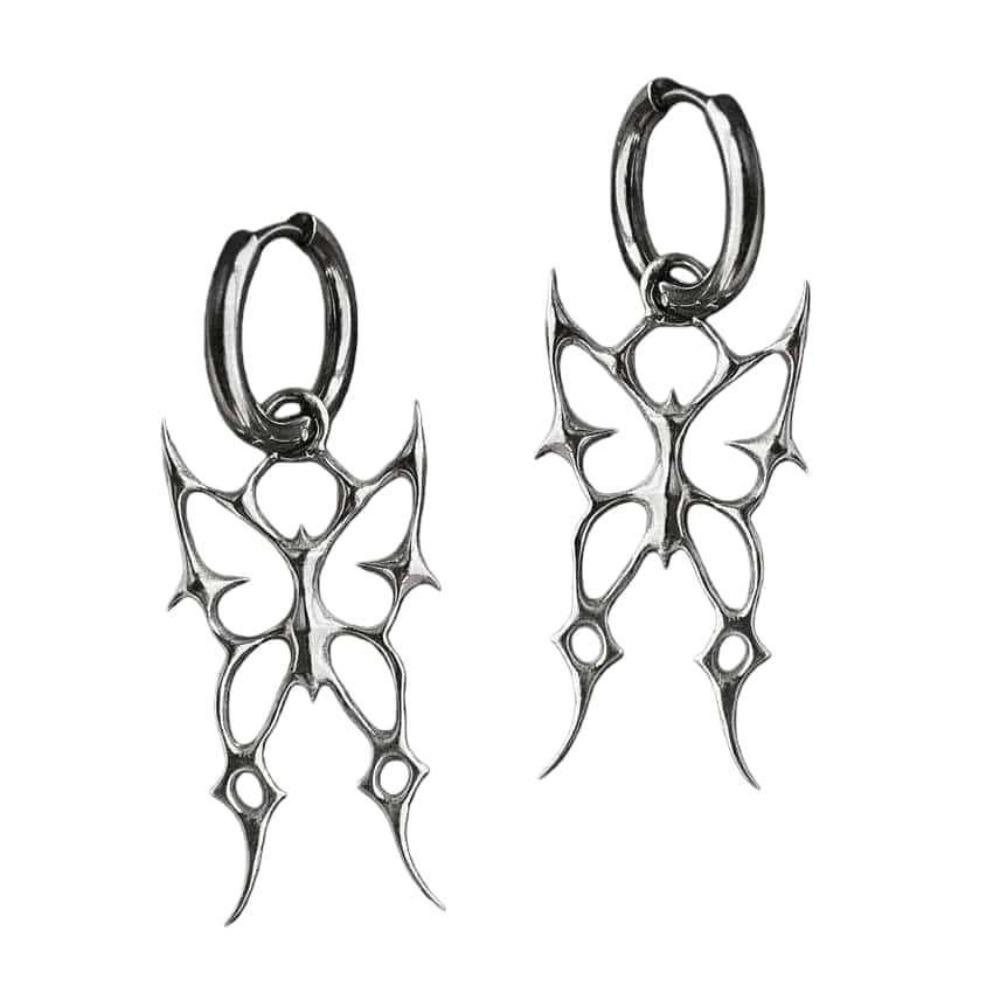 Gothic Punk Silver Color Hollowed-out Thorn Swallowtail Butterfly Pendant Hoop Earrings for Men Women Couples Halloween Jewelry