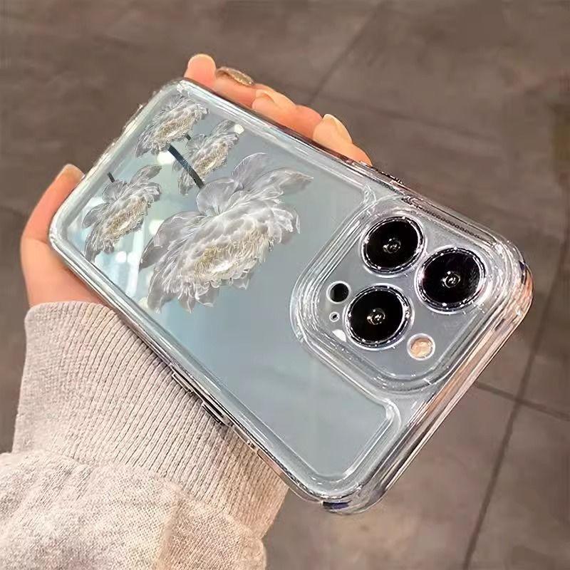 White Lotus Silicone Case Compatible with iPhone 11/12/13/15/16 Pro Max Full Protection Anti-Fall Protective Cover For iPhone16 16Pro 15Pro