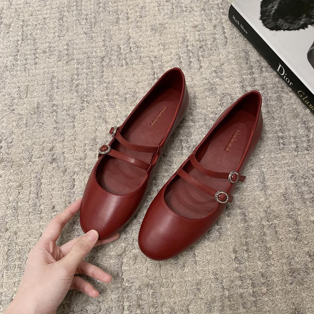 Sheepskin version of grape mother, the same round head double buckle belt Mary Jane shoes, women's commuting low-heeled flat-soled single shoes, genui