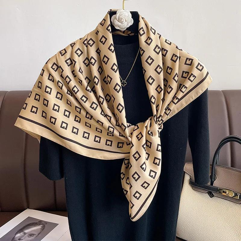 Spring and Autumn New Fashion Twill 90cm Large Square Scarf Women's Silk Scarf Dual-purpose Shawl Yarn with Decorative Scarf