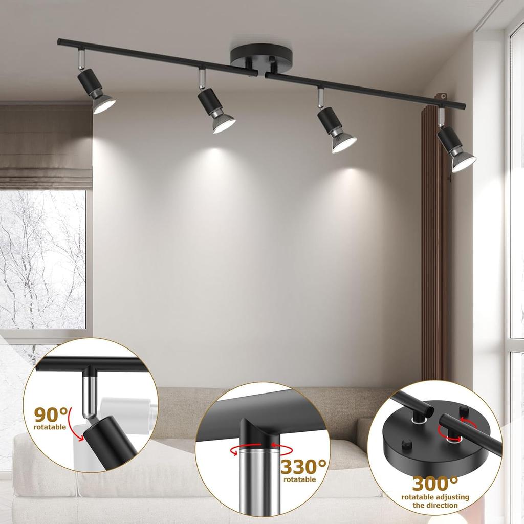 HURYEE Track Lights Ceiling, Black 4 Way Light Fixtures for Kitchen Hallway Bedroom Gallery Fixture Directional Accent Lamp Include 4 Bulbs (4W,