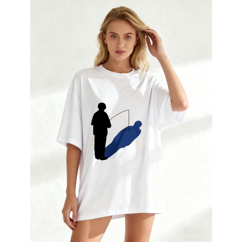 Oversized T Shirt Black Silhouette And Blue Shadow Print Casual Wear For Women Summer Outfits Street Style Fashion Top