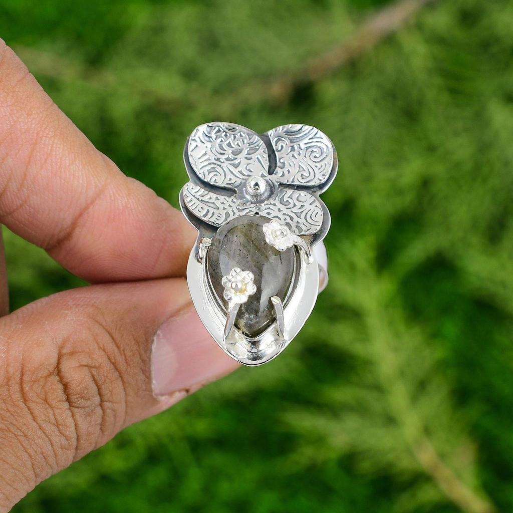 925 Sterling Silver Pear Natural Labradorite Solitaire Flower Wife Ring Jewelry