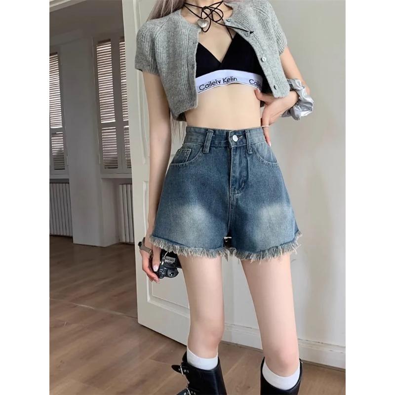 

Nostalgic Blue Hottie Raw Edge Denim Shorts for Small Women Summer New Pear-shaped Figure High-waisted Hot Pants 3XL синій