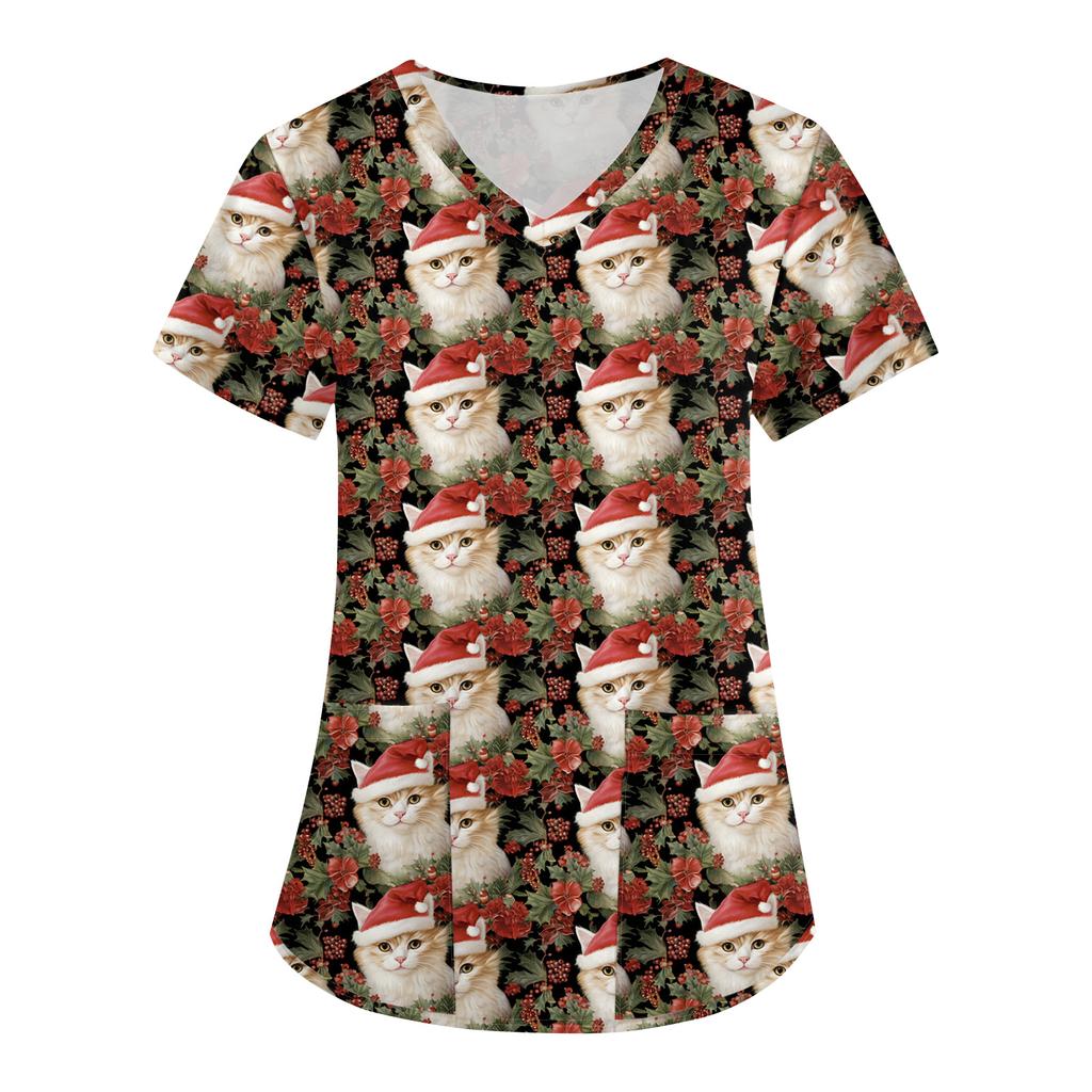 Dame Søt Sløyfe Trykket Arbeidsklær V-hals Dobbelt Lag Lommer Basic Kortermet Topp Pullover