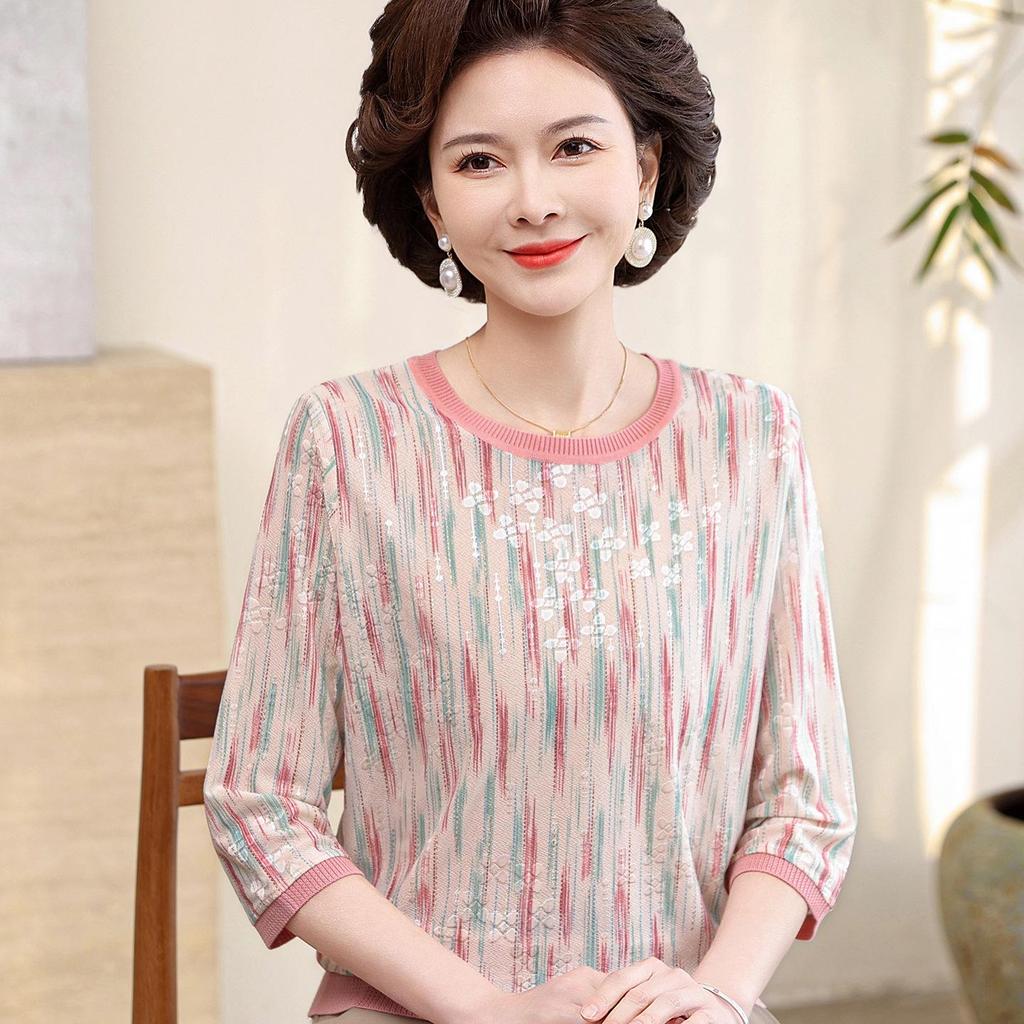 Spring Mid-Sleeve T-Shirt for Middle-Aged Women, Plus-Size Autumn Top for 40-50-Year-Old Moms