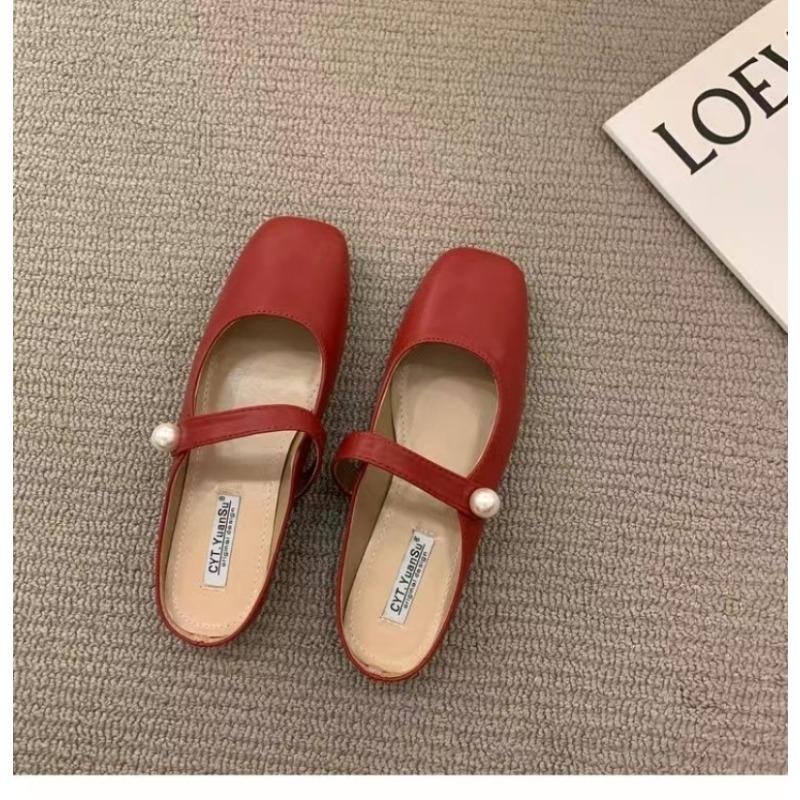 Fashion Women Slippers Fashion Flats Brand Design Square Toe Ballet Casual Basic Buckle Strap Female Dress Spring Autumn Pearl Shoes
