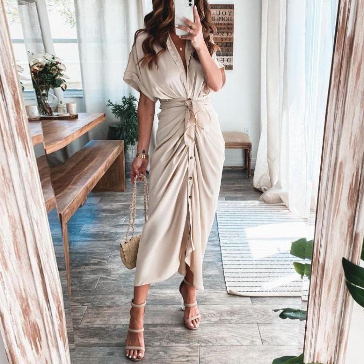 Fashion Women Elegant Turn Down Collar Shirt Dress Summer Short Sleeve with Slit Party Office Ladies Dresses