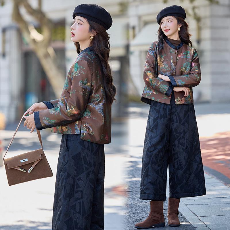 Women's New Chinese Style Jacquard Down Jacket & Wide-Leg Pants Set