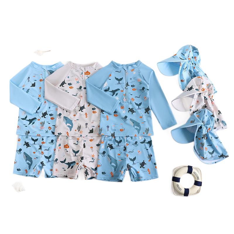 Children's Long Sleeve One-piece Swimsuit Boys Sunscreen Quick-Drying Cartoon Ocean Theme Swimsuit Set Baby Baby Swimming