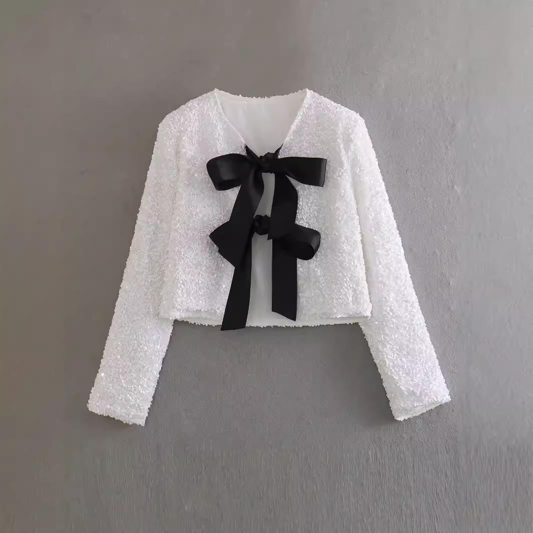 

2024 Весенняя мода женская блузка с вырезом бантом, расшитая пайетками, блузки High Street, сексуальные укороченные рубашки, роскошные женские блестящие элегантные топы L белый