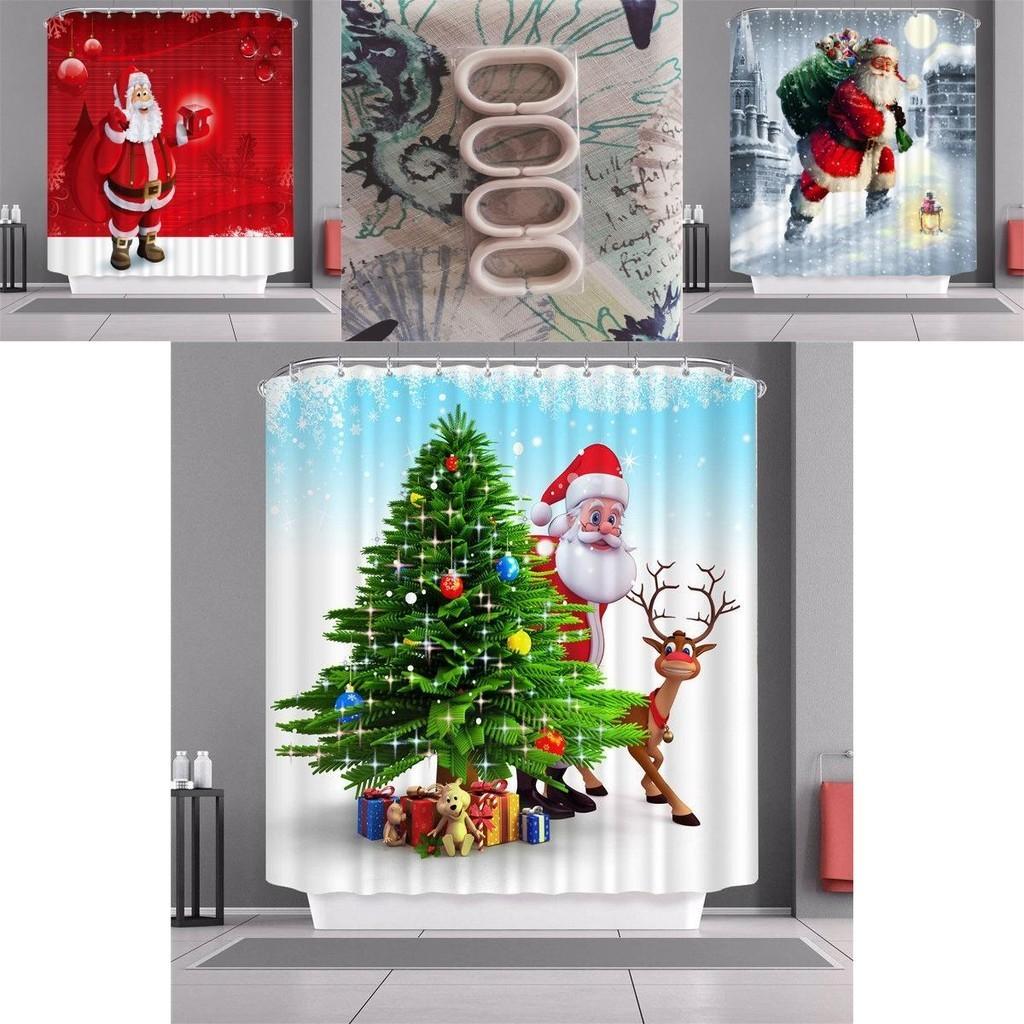 Vibrant Christmas Shower Curtain With Hooks Santa Claus Waterproof Fabric