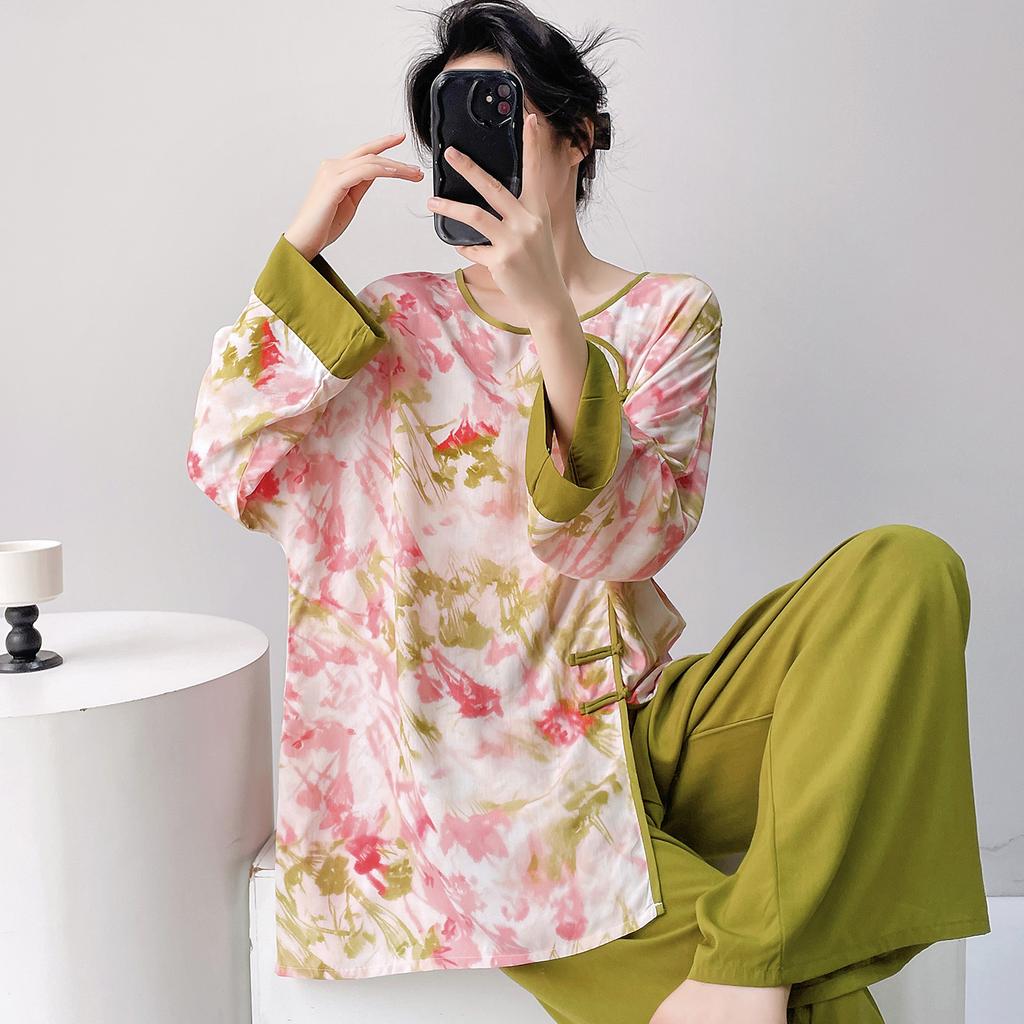 1011 new new Chinese pajamas women's spring and summer improved cheongsam buckle can be worn outside loungewear cotton silk suit thin