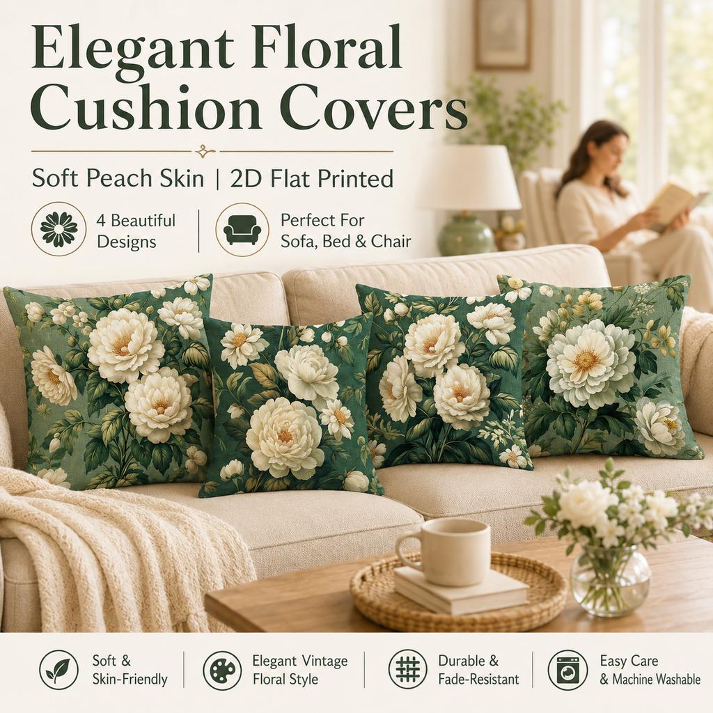 Vintage Green Floral Pillowcase D Flat Printed Peach Skin Cushion Cover Elegant White Peony Sofa Bed Home Decor Living Room