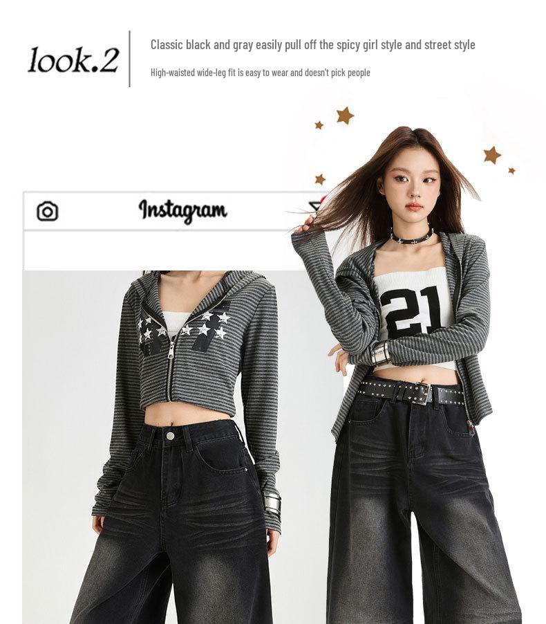 Dámské retro černé a šedé džíny se širokými nohavicemi s designem puku pro podzim 2025
