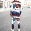 Men Split Usa Flag Star Floral Hand Print Long Sleeve Sweatshirt And Drawstring Jogger Pants Two Piece Suit