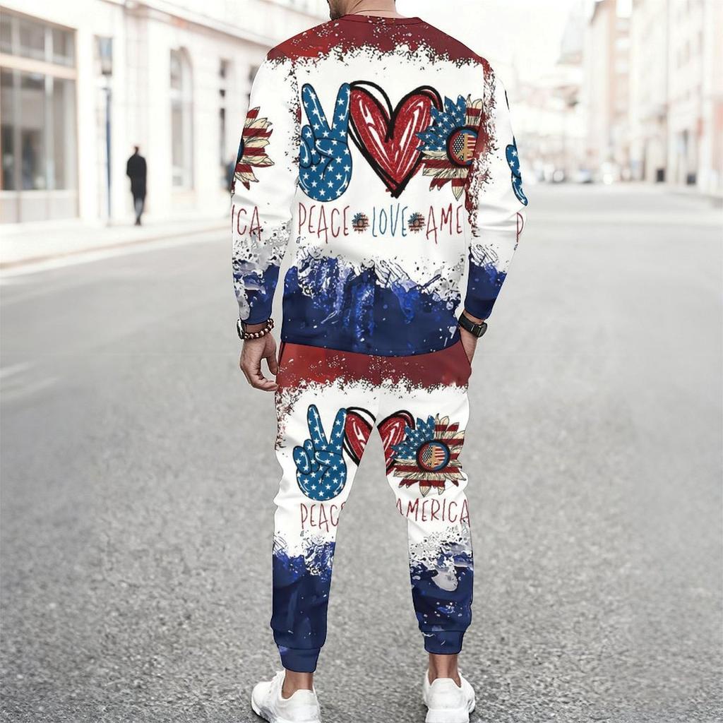 Men Split Usa Flag Star Floral Hand Print Long Sleeve Sweatshirt And Drawstring Jogger Pants Two Piece Suit