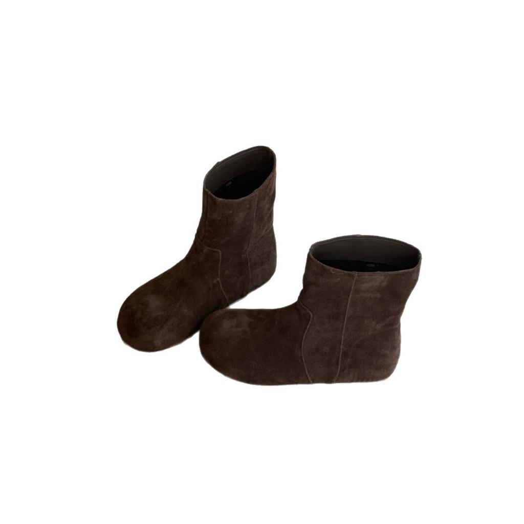 Frosted cowhide Korean retro round head sleeve short boots women's boots 2025 new autumn casual flat-bottomed medium boots