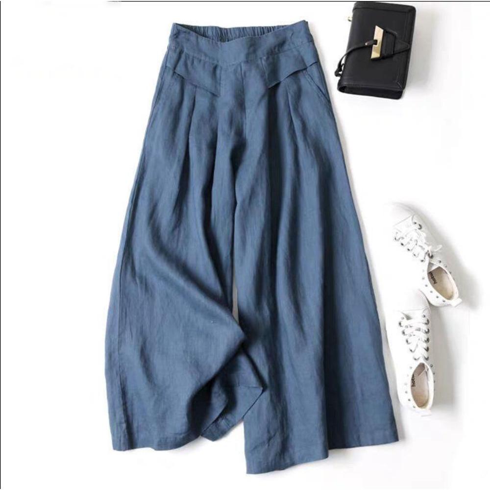 Cotton and Linen Wide-leg Culottes Summer Women's Semi-elastic High-waisted Thin Thin Nine-point Pants Stylish Neutral Tone Casual Pants