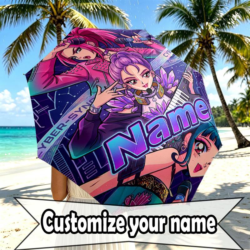 Custom Name Personalized Kpop Demon Hunter Print Umbrella, Auto Open Close, 8‑Rib Sturdy Frame, Commute Camping Hiking Use, Birthday Gift