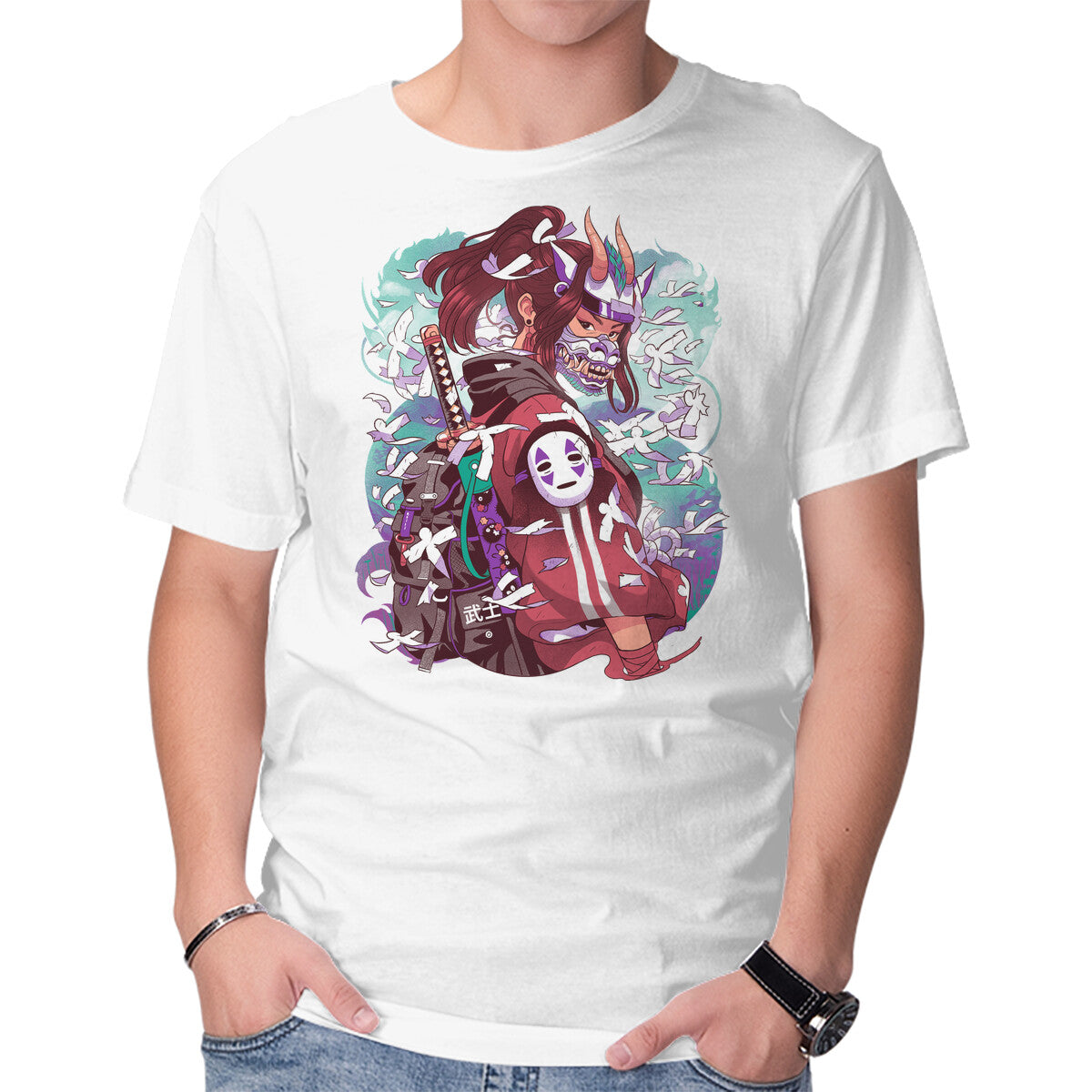 Unisex Crew Neck T-Shirt White Dragon Samurai Graphic Short Sleeve Casual Tee XXL
