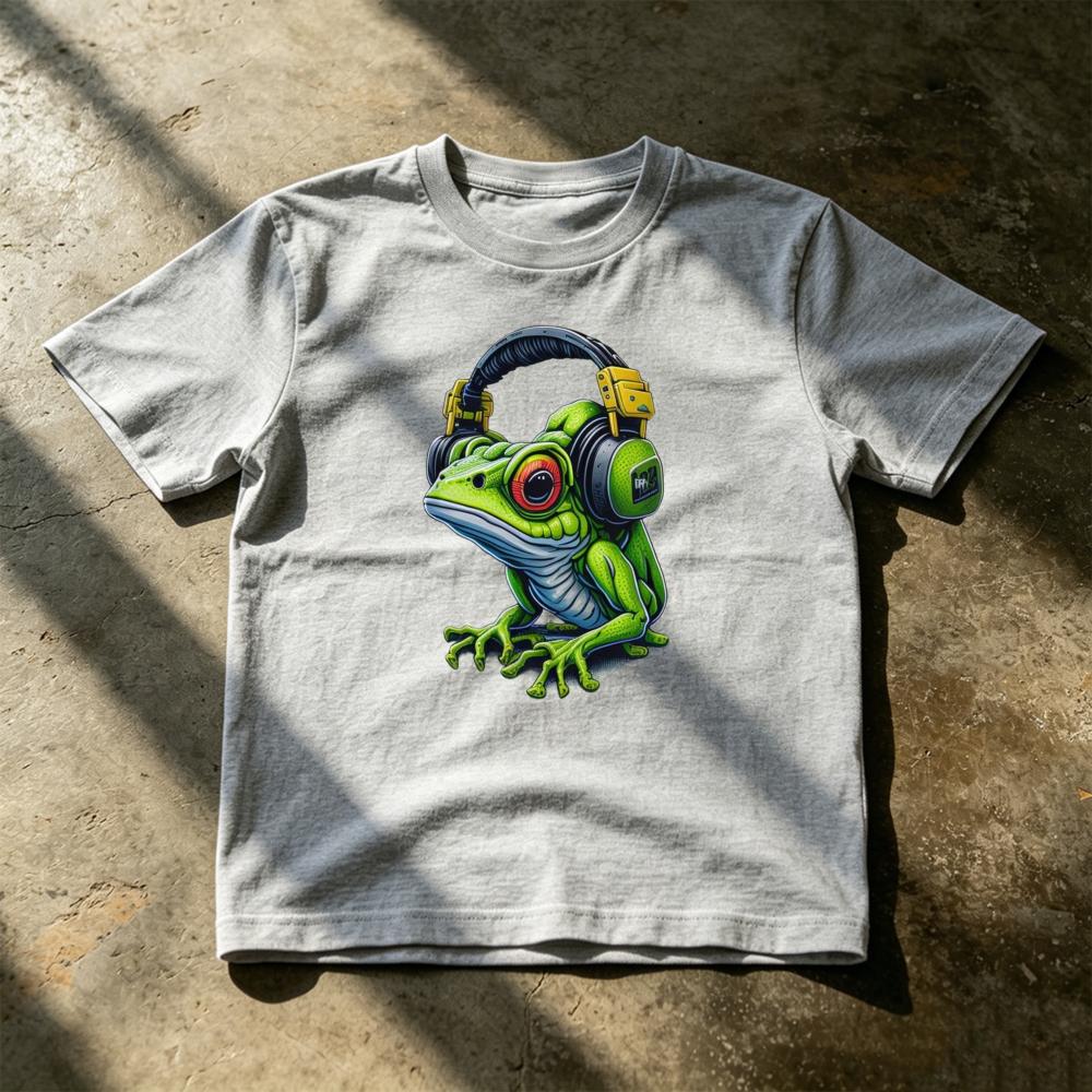 Cool Frog Wearing Headphones Cartoon Animal CharacterNovelty Funny T Shirt Street Pop Art Graphic Tee Summer Daily Wear