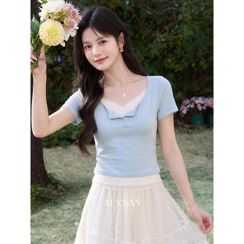Women s Elegant Lace V-Neck Slim Fit Short Sleeve T-Shirt M