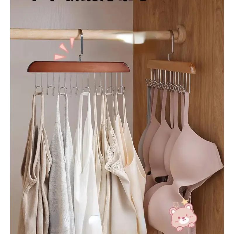 Wooden Sling Hanger Organizer with Multiple Hooks for Underwear Bras Vests Space-Saving Durable Storage Rack Hangers for Clothes