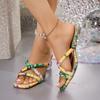 Plus Size New Summer Square Heel Sandals Square Toe Colorful Cross Slim Strap Crystal High Heel Slippers