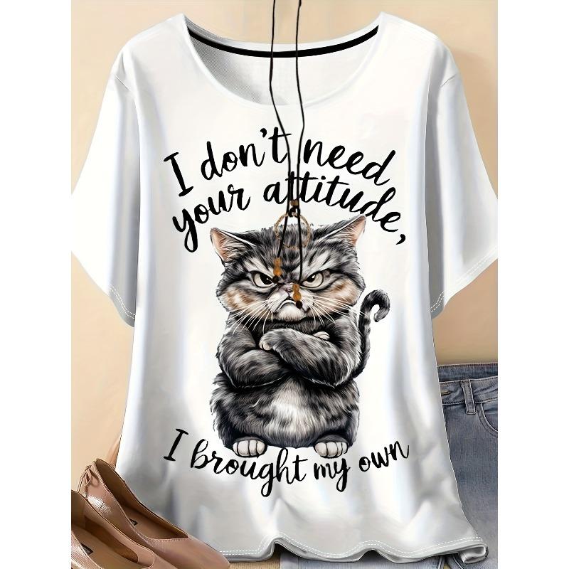 European Size Plus Size - Plus Size 3D Cute Cat Print T-Shirt | Casual Crew Neck Short Sleeve Top, Slight Stretch Fabric, Summer Outdoor Wear